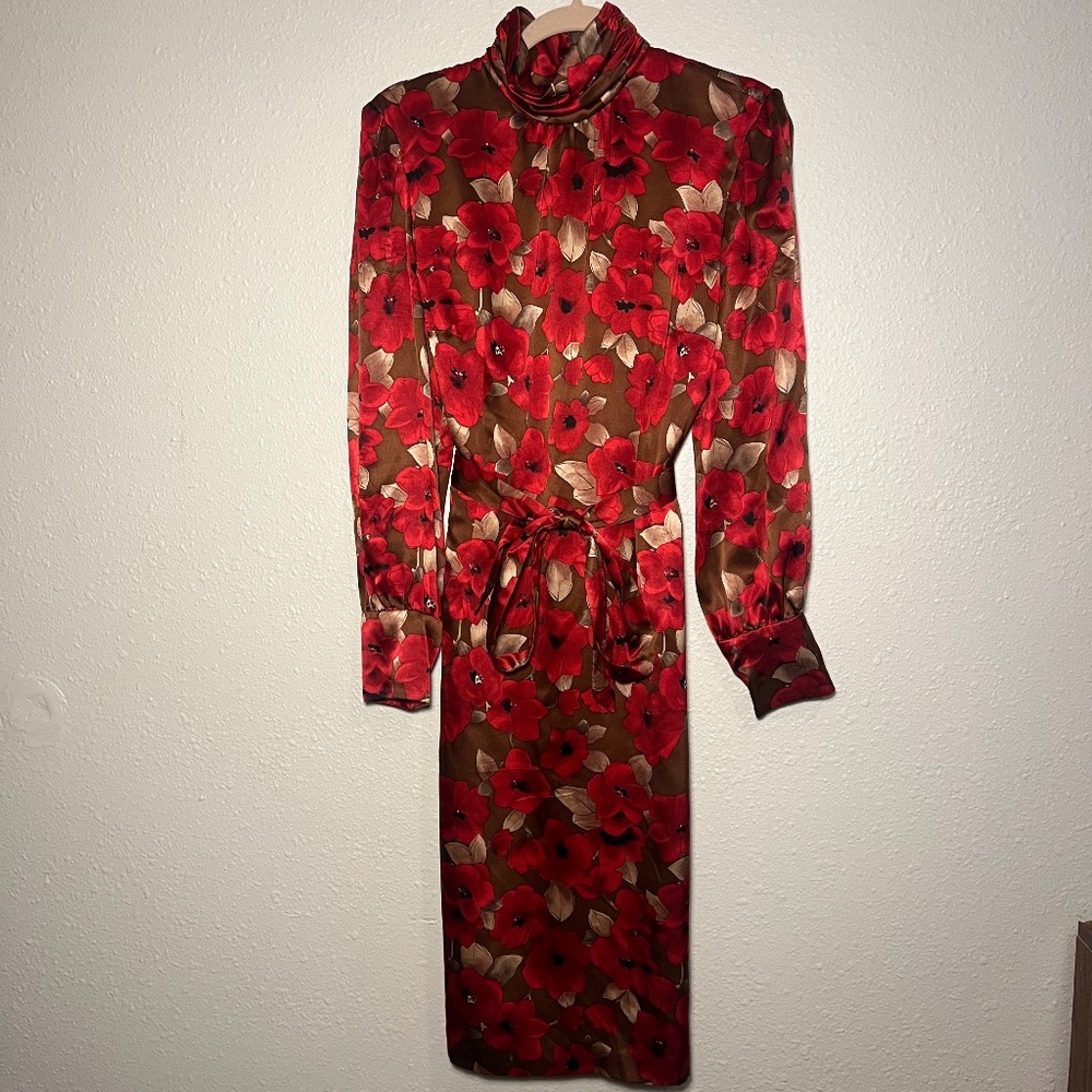 Sara Campbell High Necked, Long Sleeve Silk Poppy Dress, Size 10